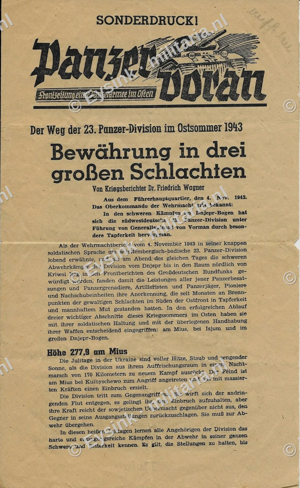 Panzer front nieuwsbericht 1943 — WO2