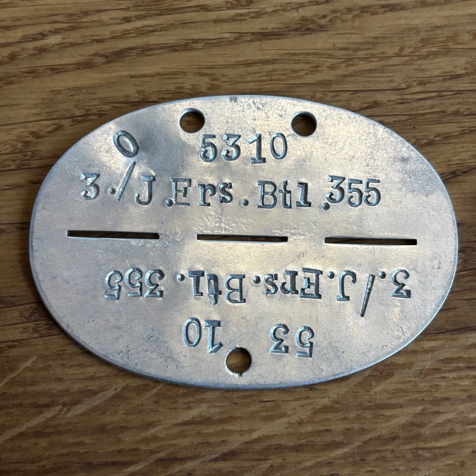 Erkennungsmarke 3. Kompanie Infanterie Ersatz Bataillon 355 — WO2