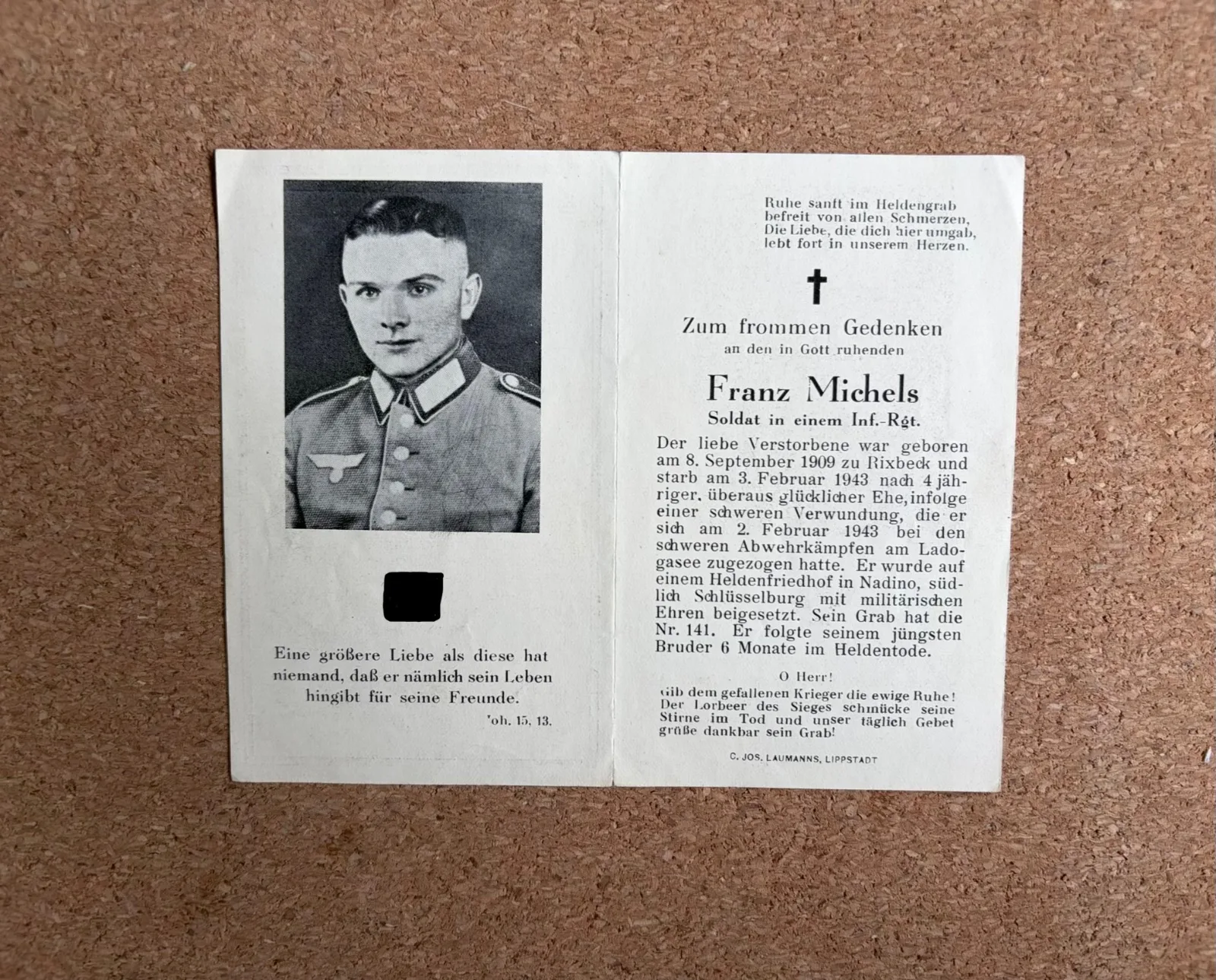 Duits Bidprentje WOII – Soldaat Infanterie-Regiment – Gefallen 1943 (Schlüsselburg / Ladogameer) — WO2