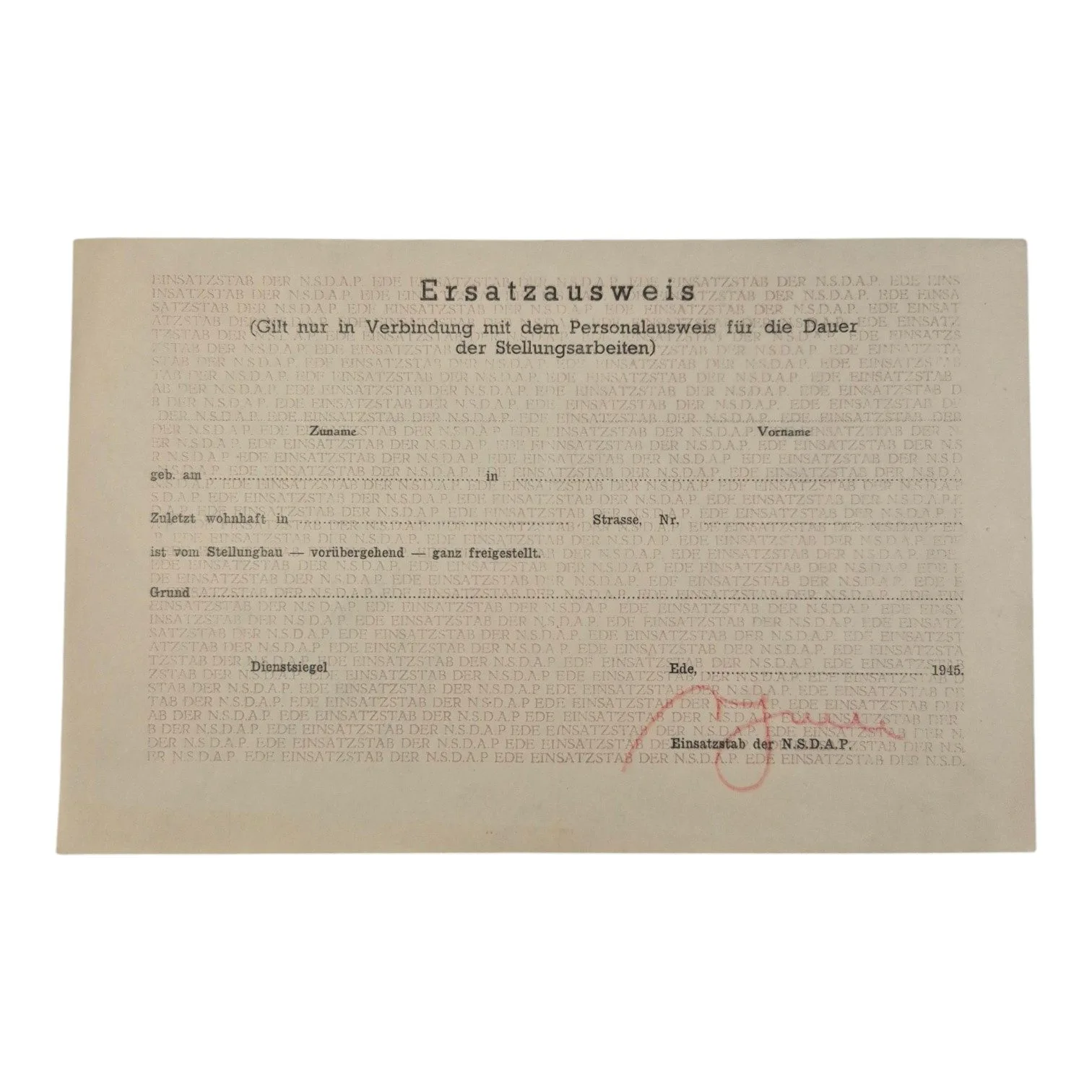 Ersatzausweis NSDAP Ede, 1945 — WO2