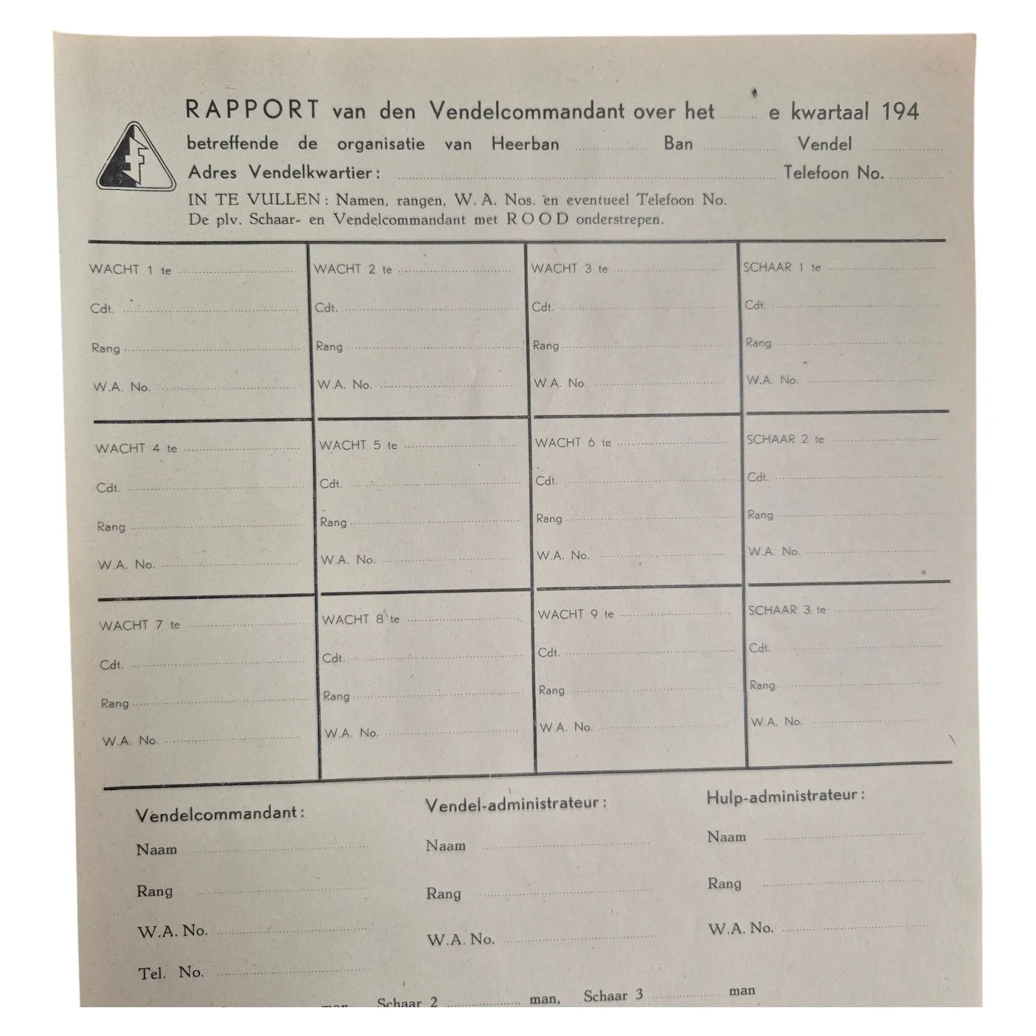 NSB WA ongebruikt document rapport van den Vendelcommandant — Foto's & Documenten — WO2 (foto 2 van 3)