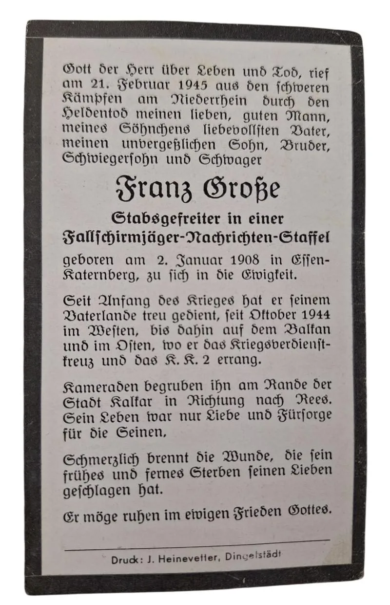 dead notice from Franz Grobe a stabgefreiter in a fallschimjäger-nachrichen _staffel — Foto's & Documenten — WO2 (foto 2 van 2)